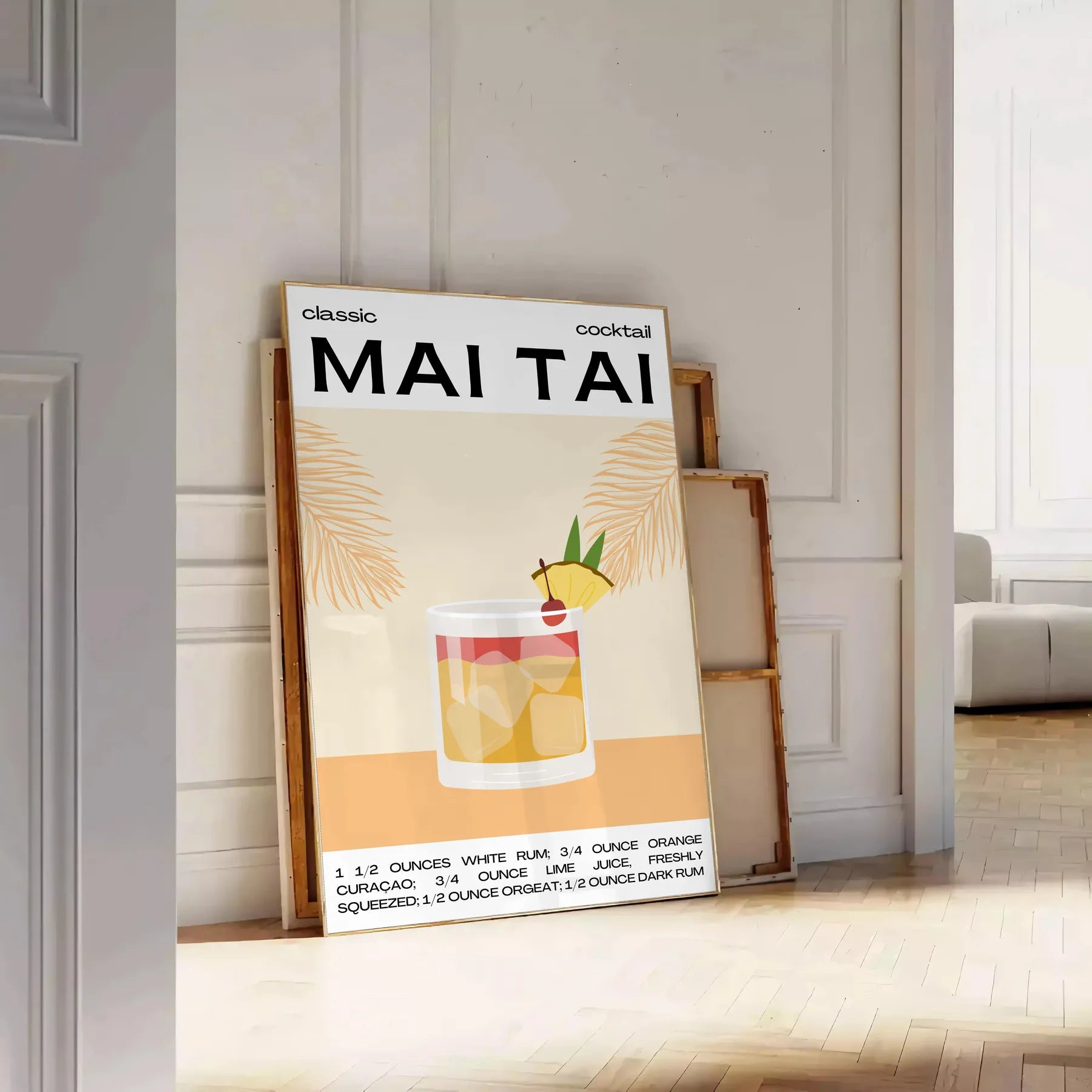 space stunning Mai Tai cocktail poster vibrant yellow black hues eye artwork tropical touch room gift personal wall art statement sizes A4 cm A0