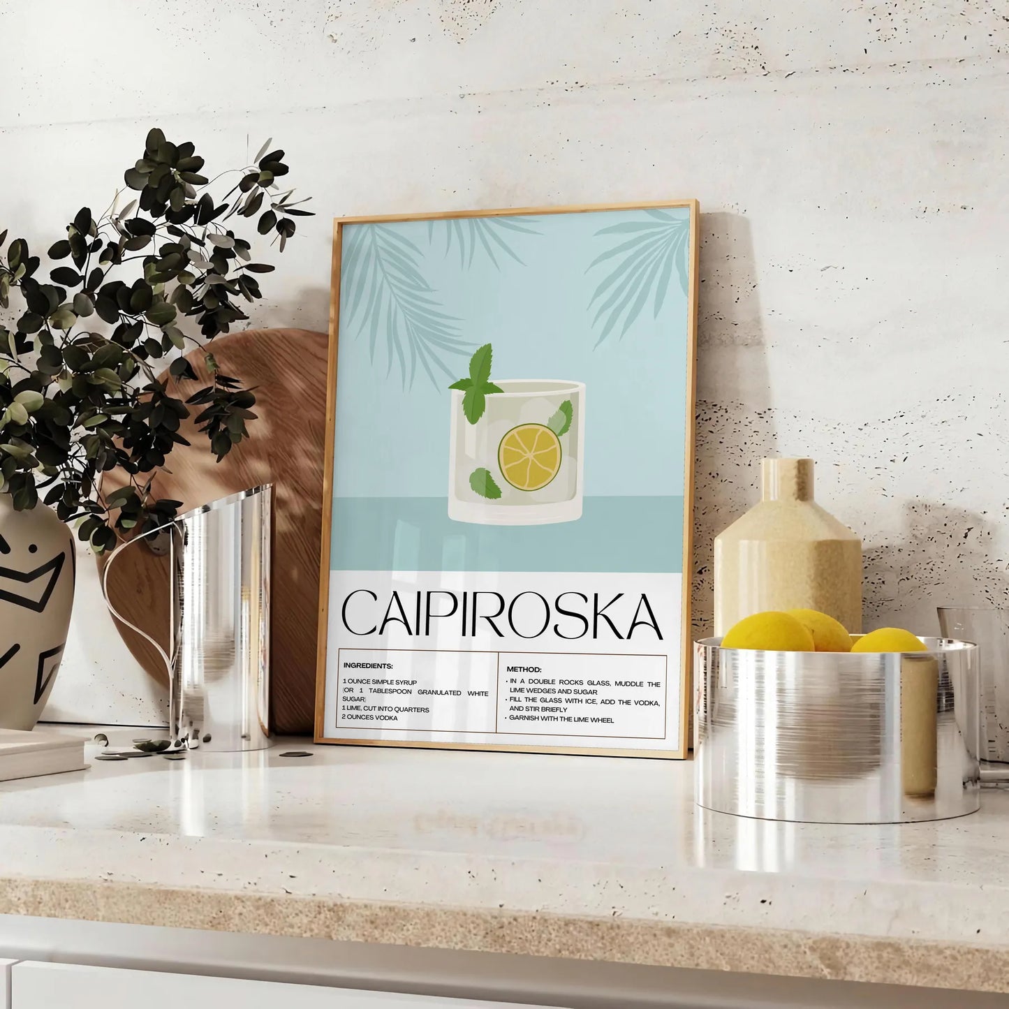 space stunning Caipiroska Cocktail Poster vibrant green hues sleek black background captivating wall art perfect gift enthusiasts chic addition room standalone print