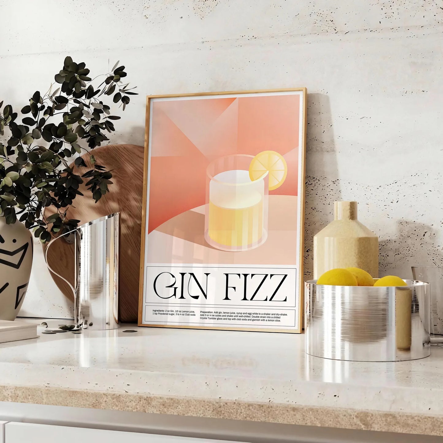 splash style space Gin Fizz Cocktail Art Poster captivating print bold black vibrant orange hues perfect wall enthusiasts ideal gift artwork sure unframed variations