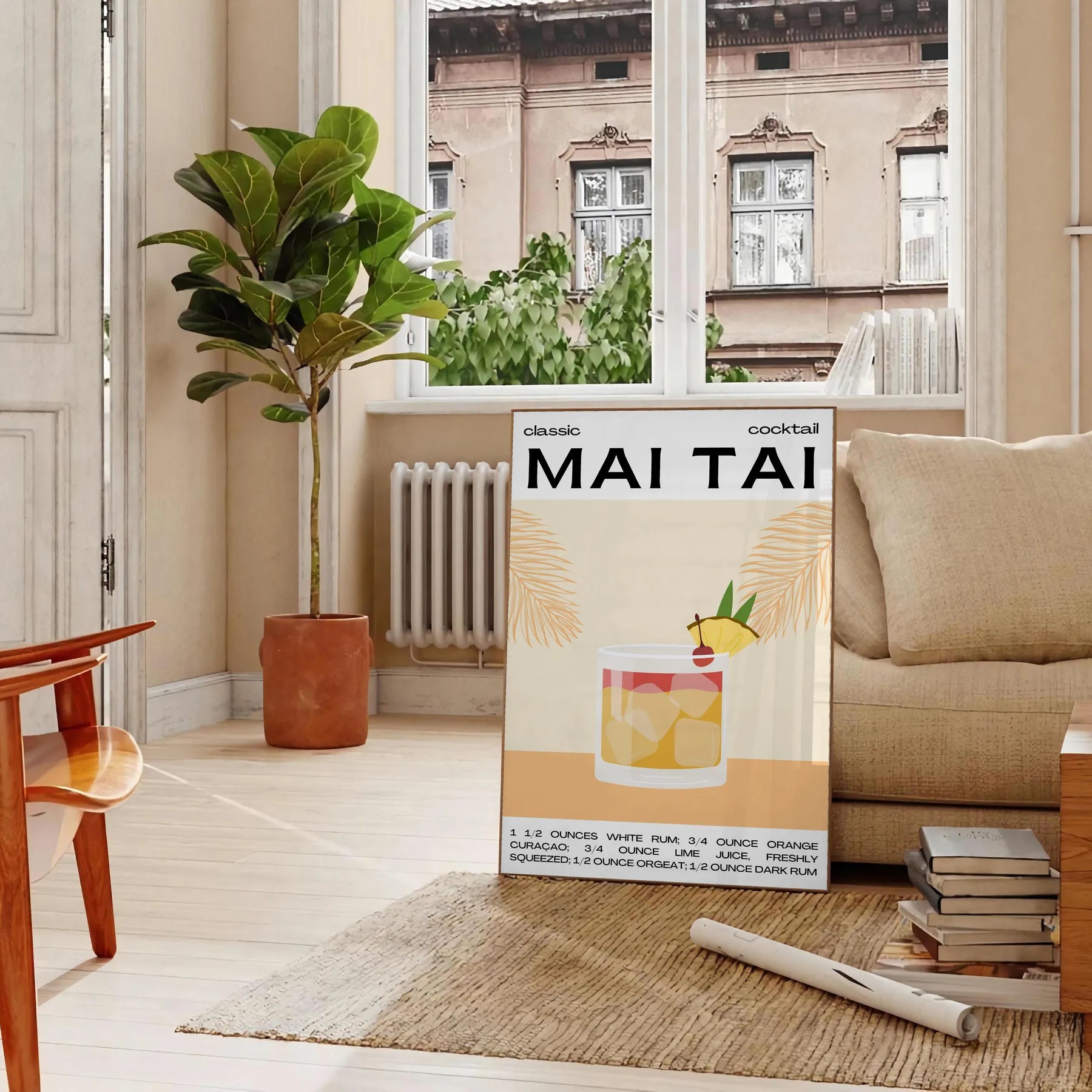 space stunning Mai Tai cocktail poster vibrant yellow black hues eye artwork tropical touch room gift personal wall art statement sizes A4 cm A0